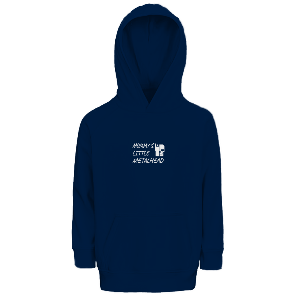 Kinder-Hoodie mit Kapuze, French Navy, Frontprint „Mommy’s Little Metalhead“