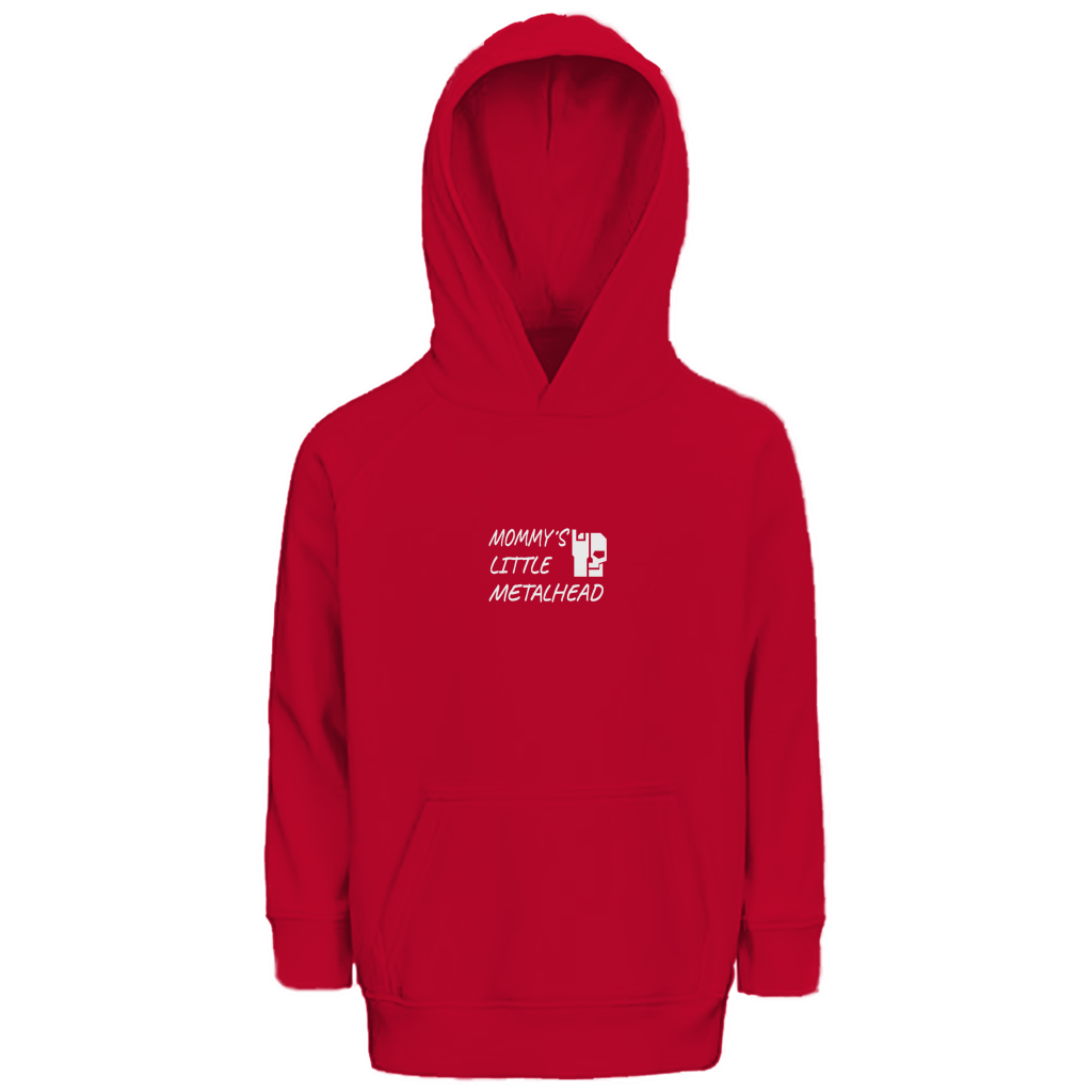 Kinder-Hoodie mit Kapuze, rot, Frontprint „Mommy’s Little Metalhead“
