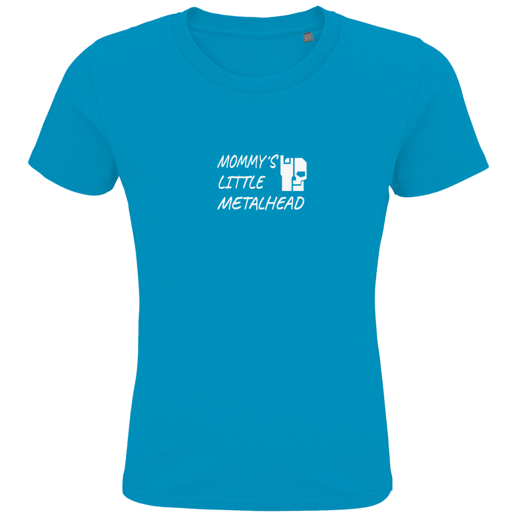 Kinder-T-Shirt (Bio) türkis, Vorderseite mit Schriftprint „Mommy’s Little Metalhead“