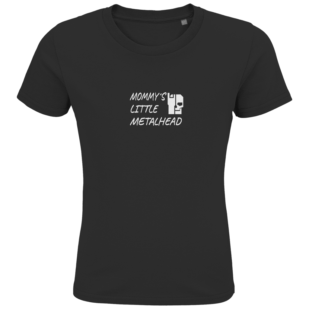 Kinder-T-Shirt (Bio) schwarz, Vorderseite mit Schriftprint „Mommy’s Little Metalhead“