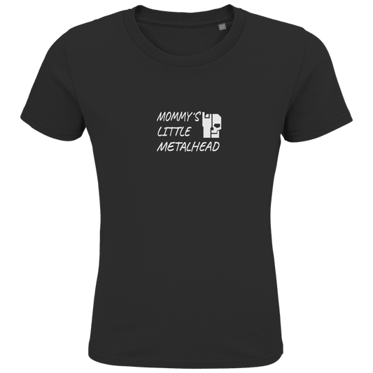 Kinder-T-Shirt (Bio) schwarz, Vorderseite mit Schriftprint „Mommy’s Little Metalhead“