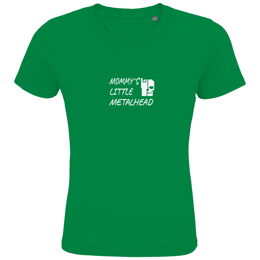 Kinder-T-Shirt (Bio) kellygrün, Vorderseite mit Schriftprint „Mommy’s Little Metalhead“