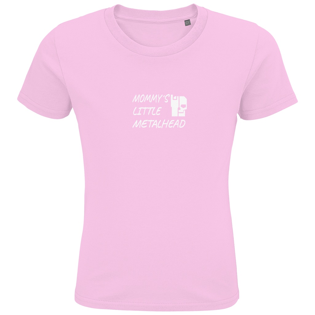 Kinder-T-Shirt (Bio) hellrosa, Vorderseite mit Schriftprint „Mommy’s Little Metalhead“