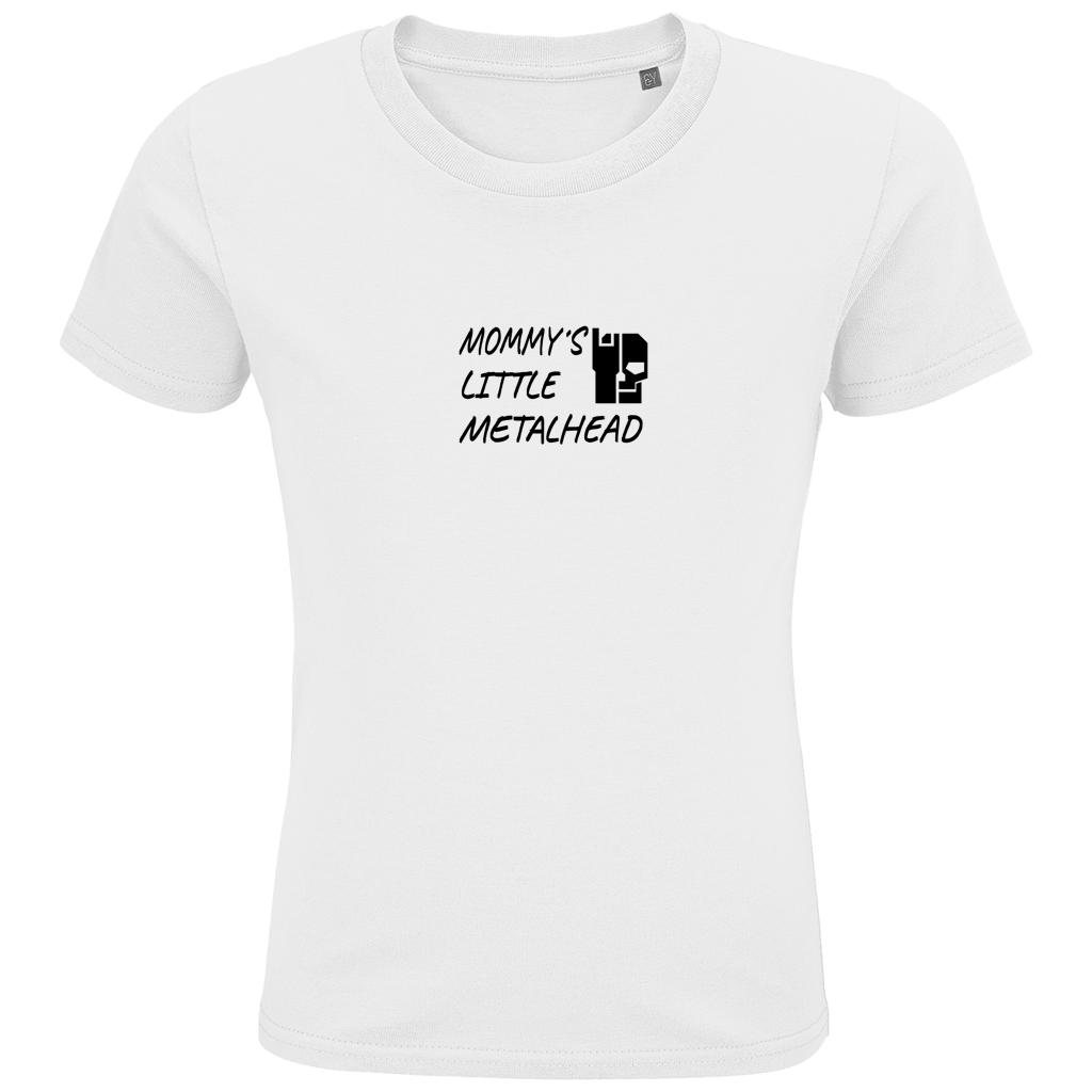 Kinder-T-Shirt (Bio) weiß, Vorderseite mit Schriftprint „Mommy’s Little Metalhead“