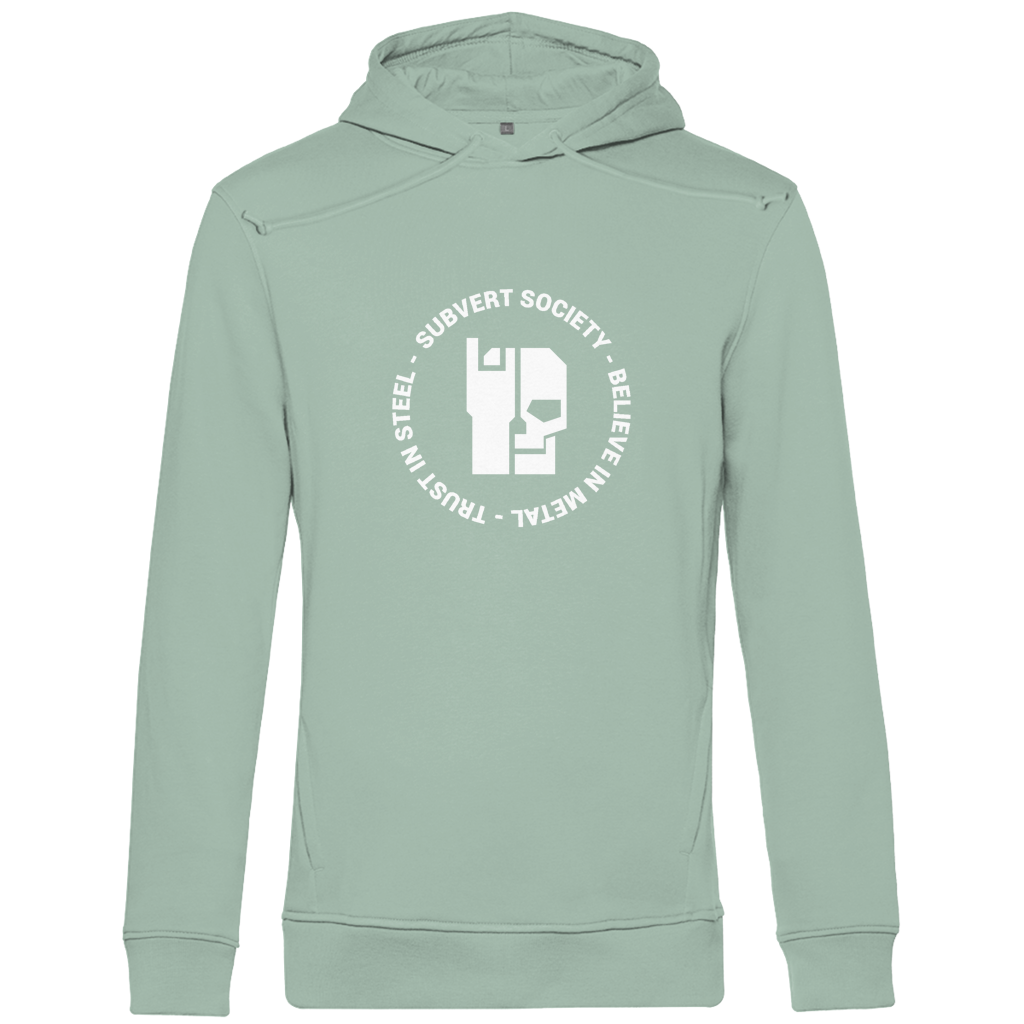 Herren Hoodie Bio, Sagegrün, Rückansicht mit „Subvert Society“-Print