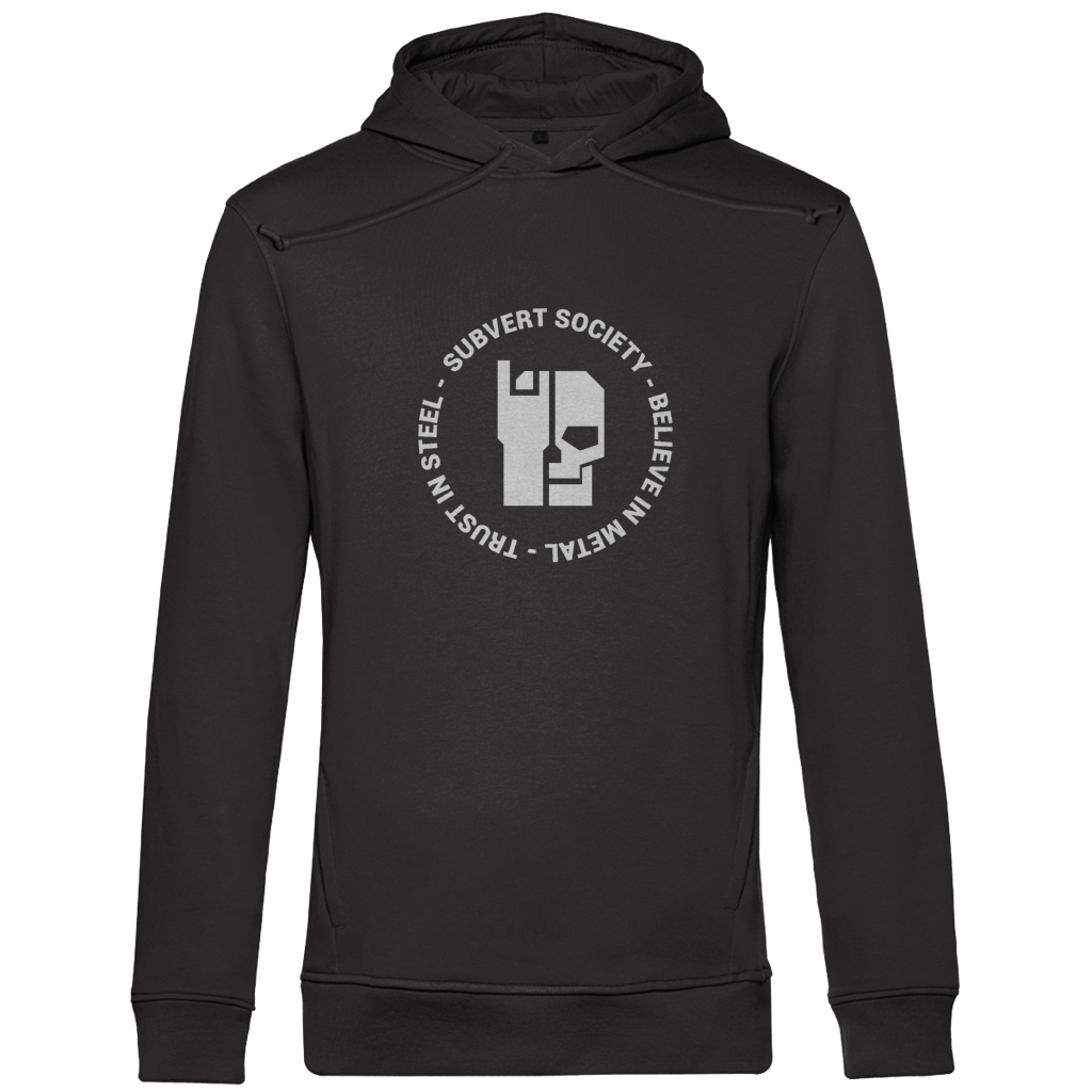 Herren Hoodie Bio, schwarz, Rückansicht mit rundem „Subvert Society“-Logo-Print
