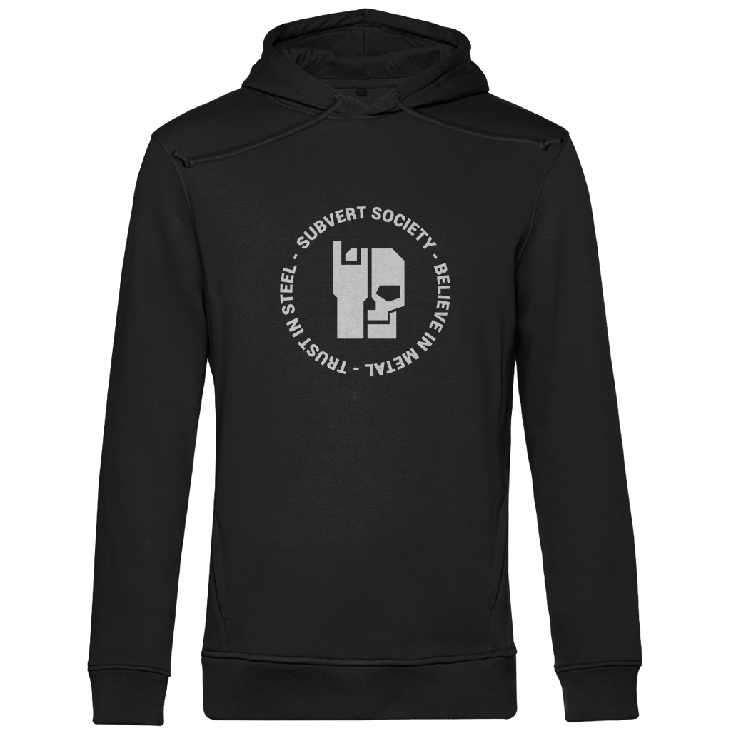 Herren Hoodie Bio, schwarz, Frontansicht mit großem „Subvert Society“-Print