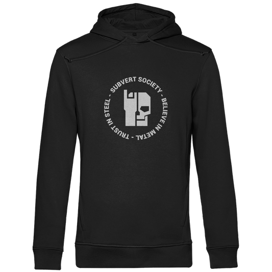 Herren Hoodie Bio, schwarz, Frontansicht mit großem „Subvert Society“-Print