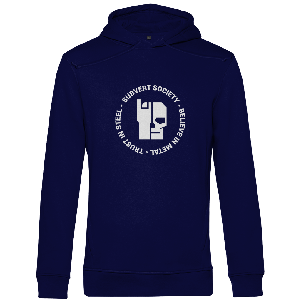 Herren Hoodie Bio, Navyblau, Frontansicht mit „Subvert Society“-Schrift- und Logo-Print
