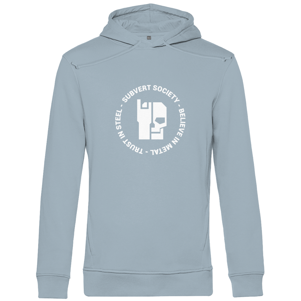 Herren Hoodie Bio, Hellblau, Rückansicht mit „Subvert Society“-Logo-Print