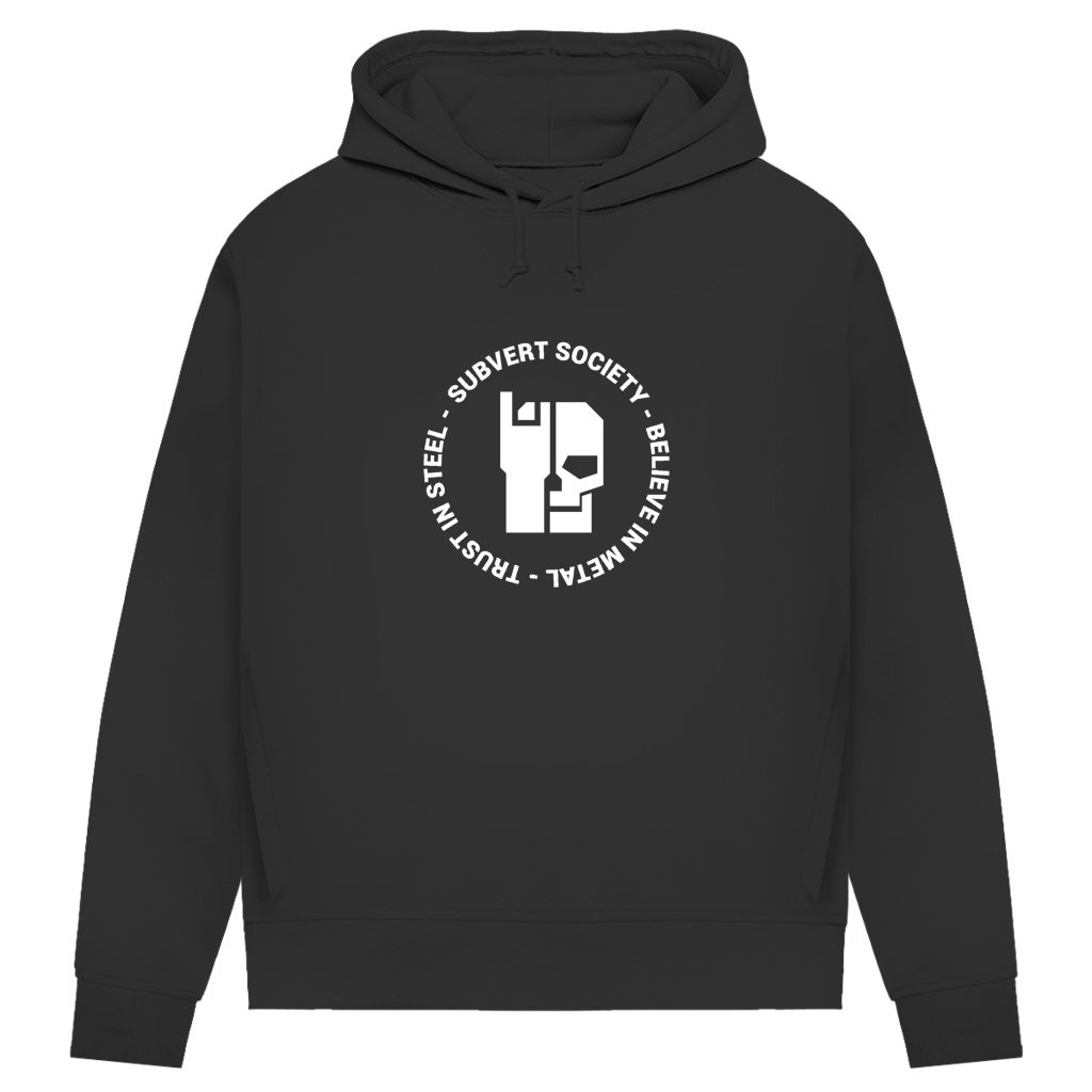 Schwarzer Damen Hoodie mit Kapuze und Kordeln, großer Frontprint „Subvert Society“