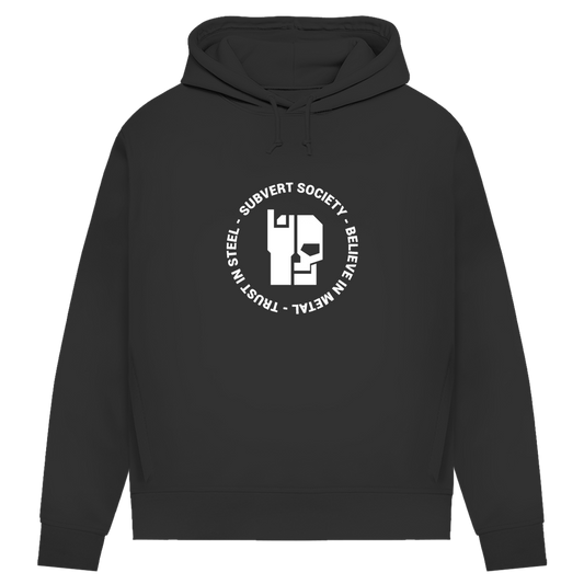 Schwarzer Damen Hoodie mit Kapuze und Kordeln, großer Frontprint „Subvert Society“