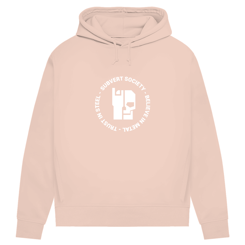 Rosafarbener Damen Hoodie mit Kapuze und Kordeln, weißer Frontprint