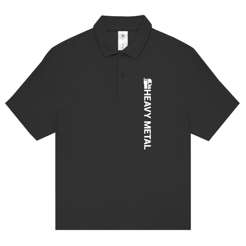 Unisex Poloshirt schwarz, Frontansicht mit Knopfleiste und vertikalem Print