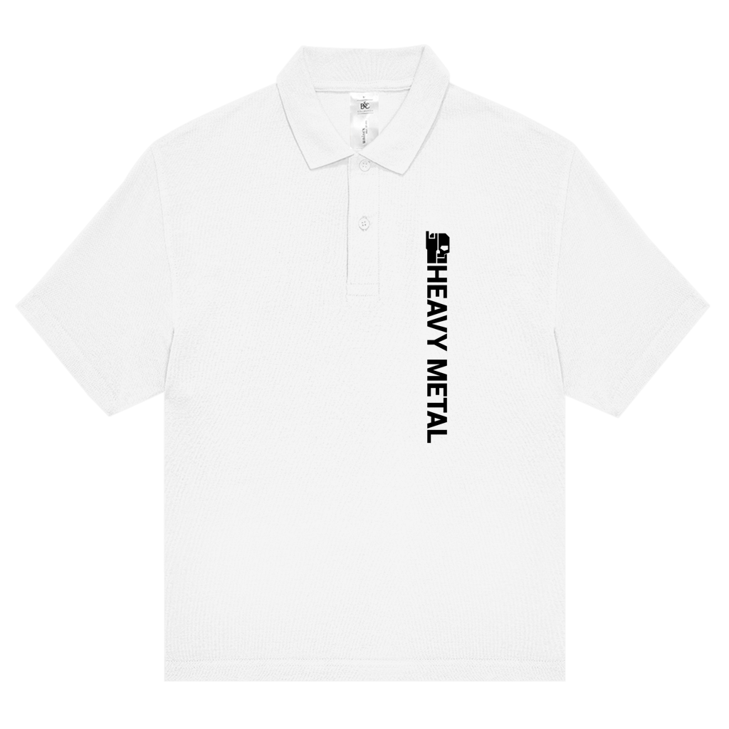 Unisex Poloshirt weiß, Frontansicht mit Knopfleiste und vertikalem Print