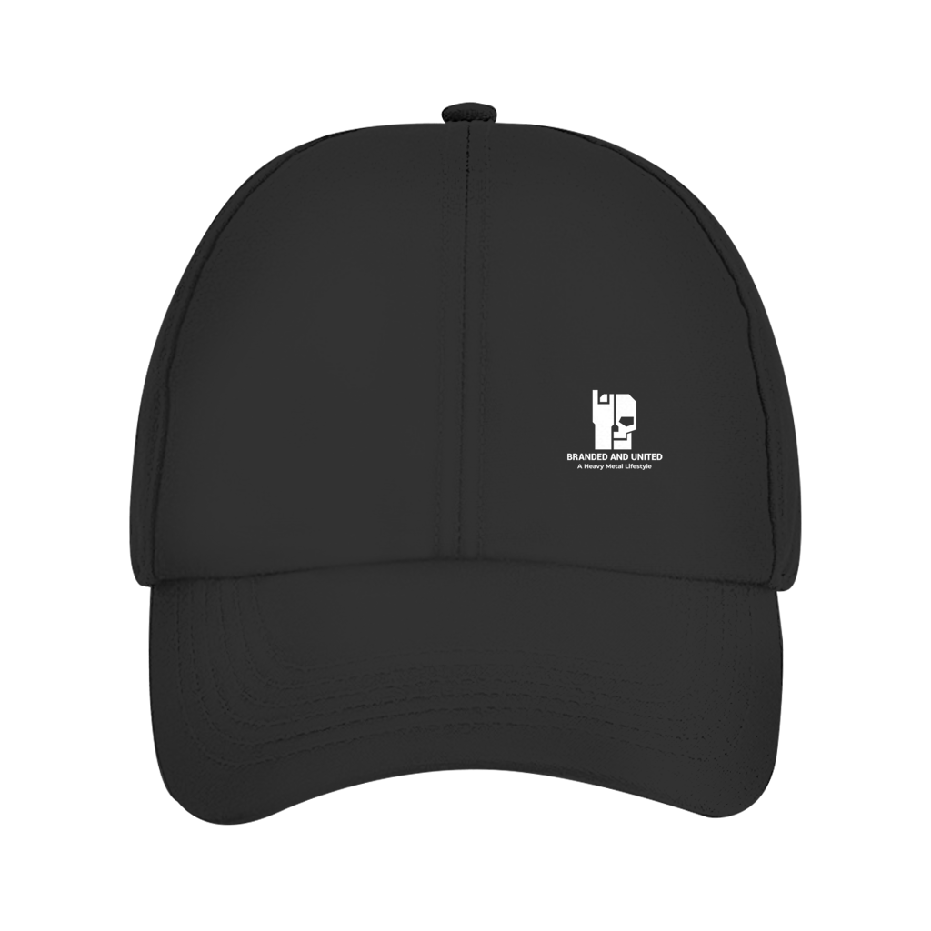 Dad cap in black with front panel stitching and small embroidered logo