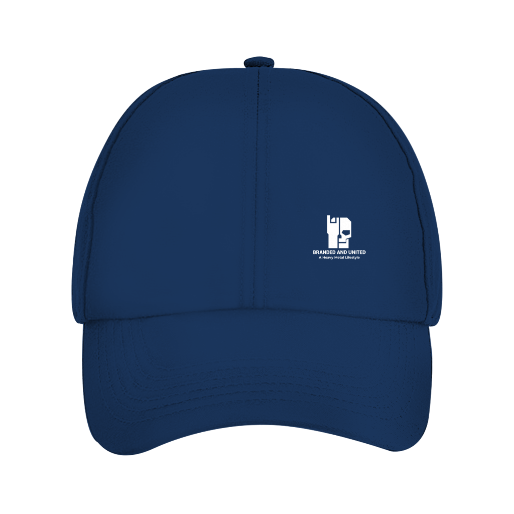 Dad cap in Oxford navy with front panel stitching and small embroidered logo