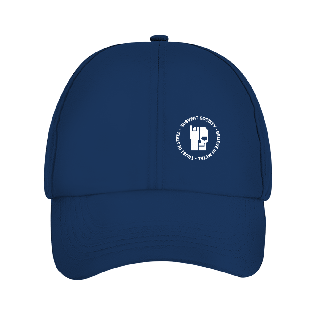 Dad Cap in Oxford Navy: gesticktes Subvert Society Rundlogo vorn