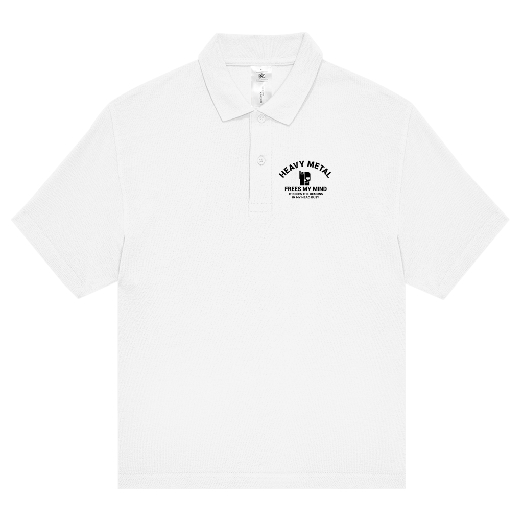 BnU Free Mind polo shirt, white; button placket and chest graphic logo