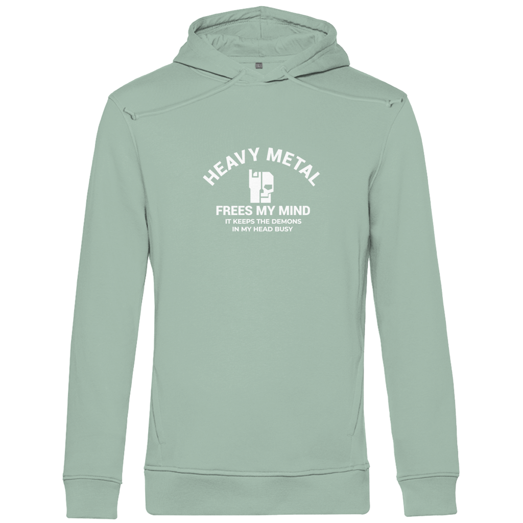 Herren-Bio-Hoodie Sagegrün, Kapuze mit Kordel, Heavy-Metal-Print auf der Rückseite