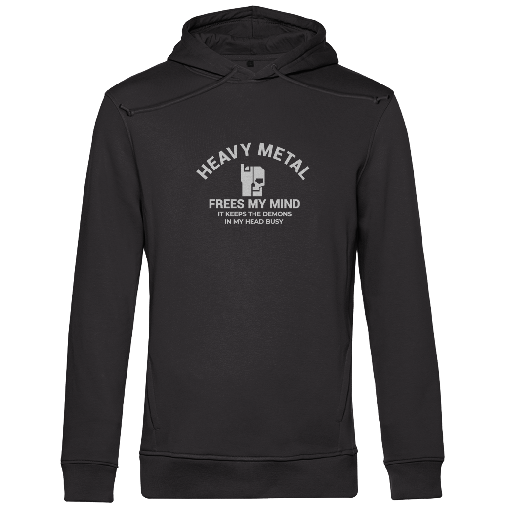 Herren-Bio-Hoodie schwarz, Vorderansicht mit Heavy-Metal-Print, Kängurutasche