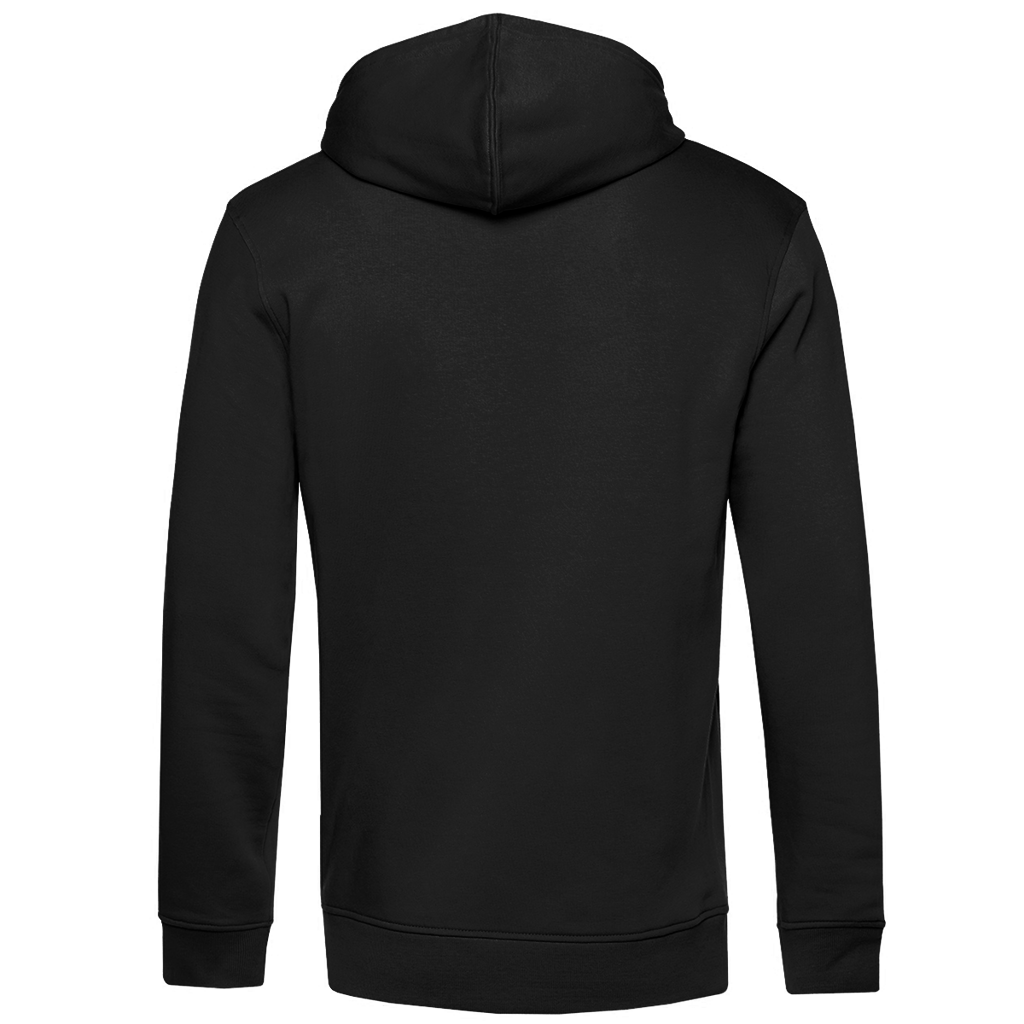 Herren-Bio-Hoodie schwarz, Rückansicht mit Kapuze und Heavy-Metal-Print mittig