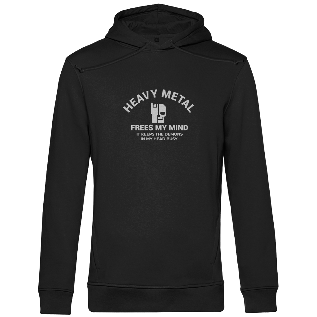 Herren-Bio-Hoodie schwarz, Kapuze mit Kordel, großes Heavy-Metal-Print-Motiv hinten