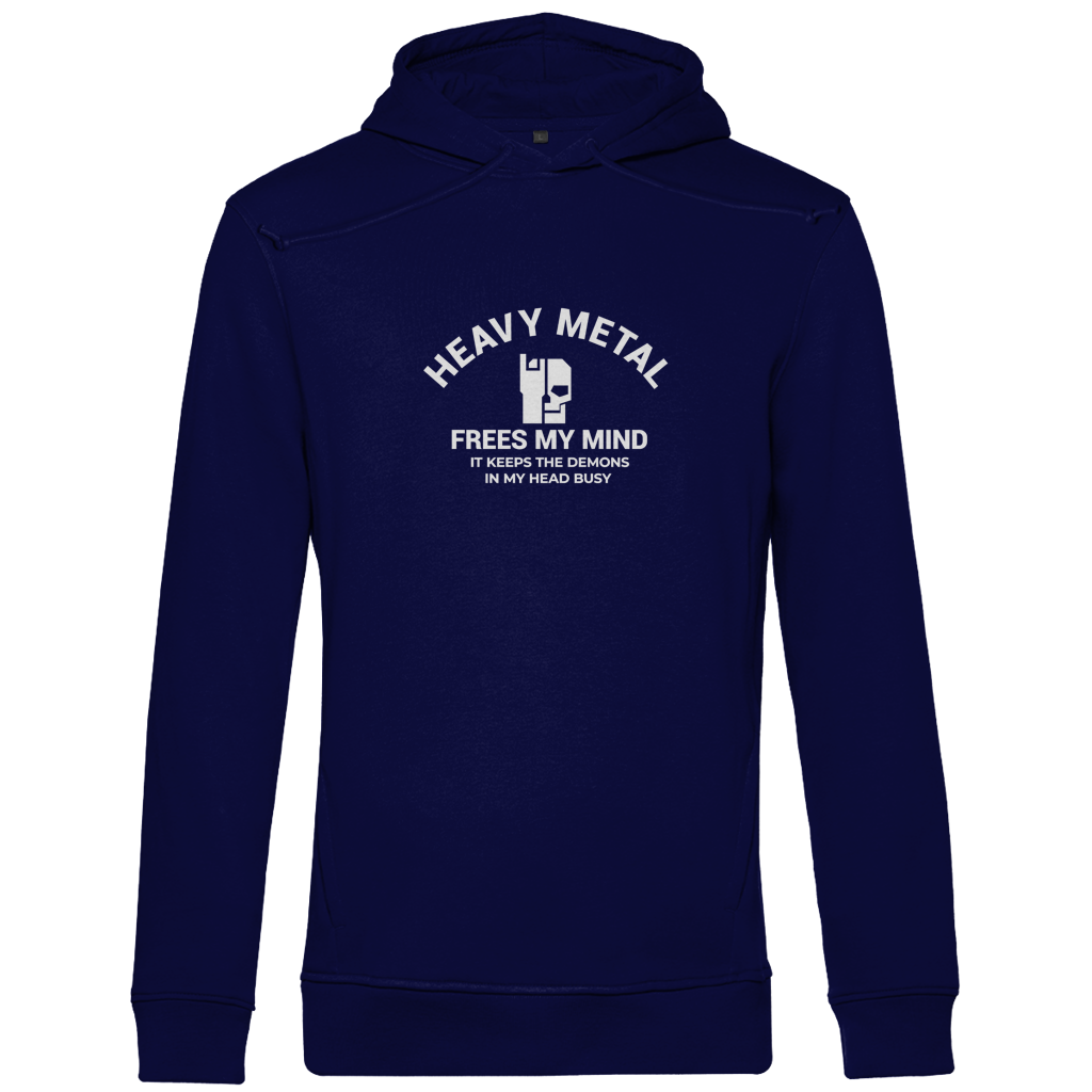 Herren-Bio-Hoodie dunkelblau, Kapuze mit Kordel, Heavy-Metal-Print mittig vorn