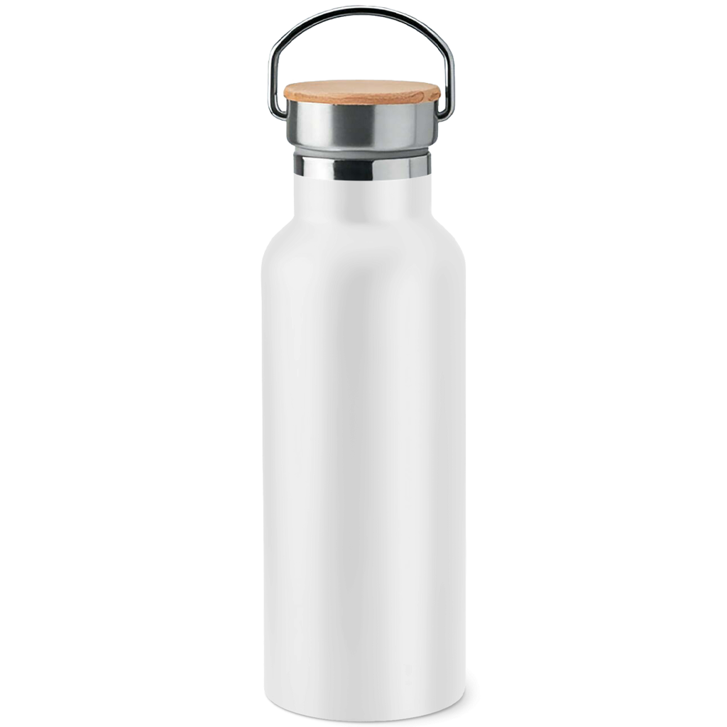 Weiße Edelstahl-Trinkflasche mit Holzdeckel und silbernem Bügelgriff