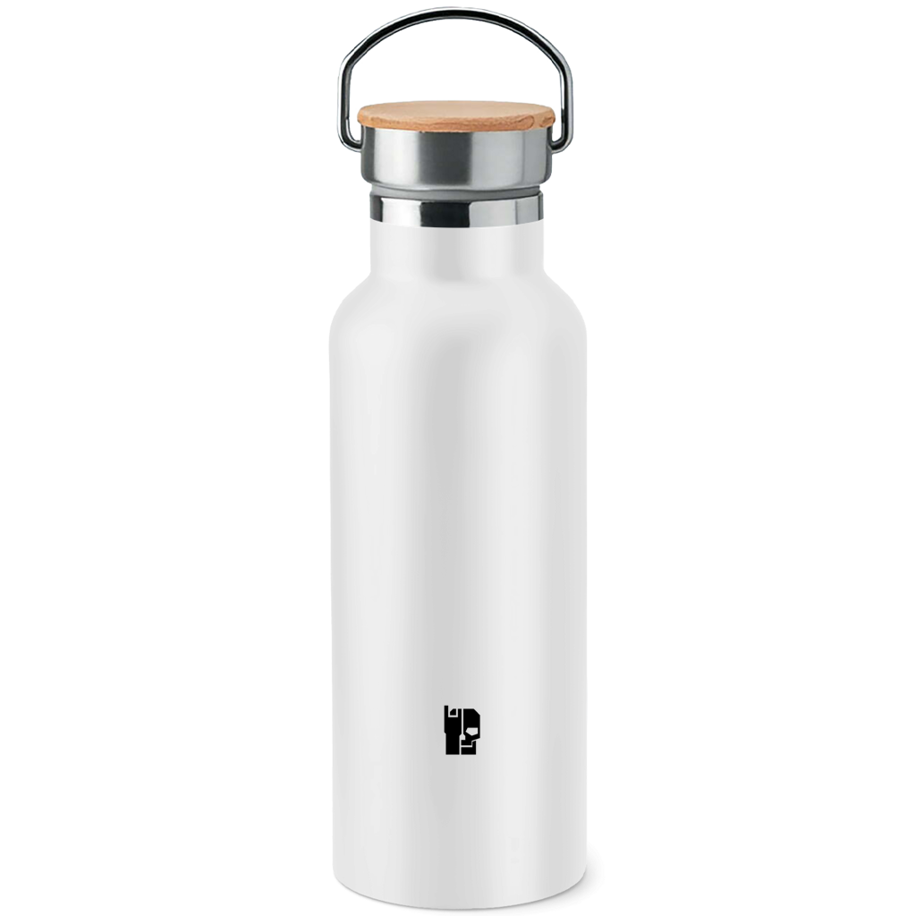 Edelstahl-Trinkflasche in Weiß, Holzdeckel und Logo-Markierung
