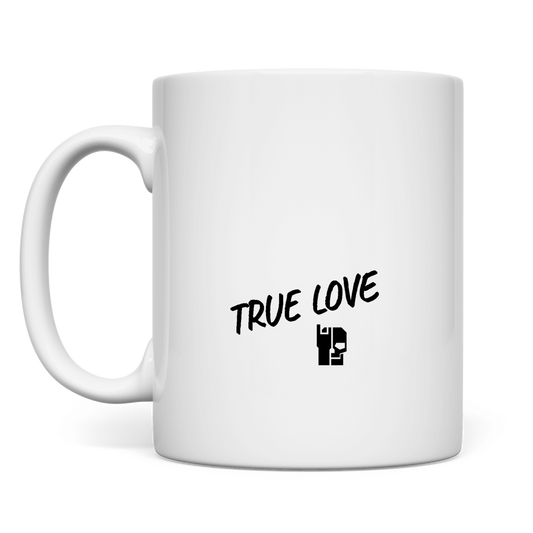 Weiße Keramiktasse mit „TRUE LOVE“-Aufdruck und Symbol