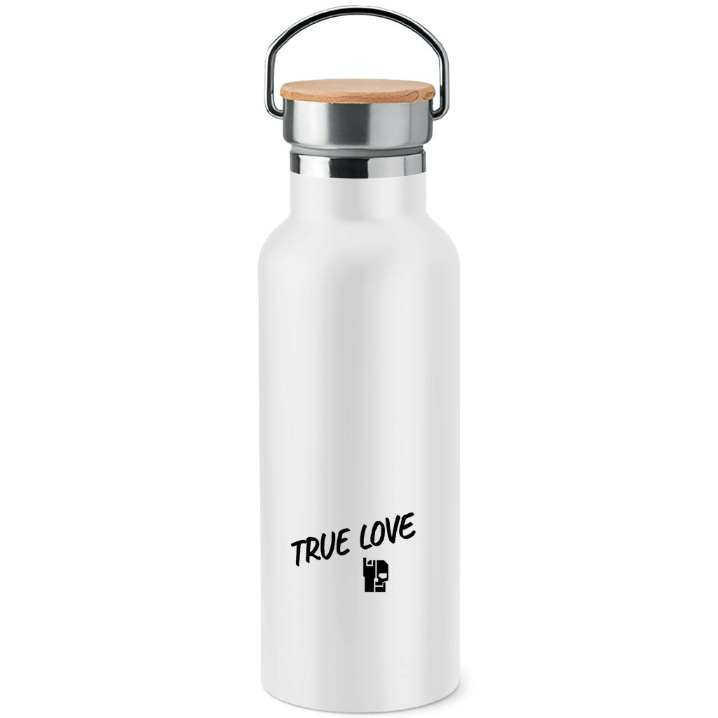BnU True Love Edelstahl-Trinkflasche, weiß, mit Bambusdeckel und „TRUE LOVE“-Aufdruck