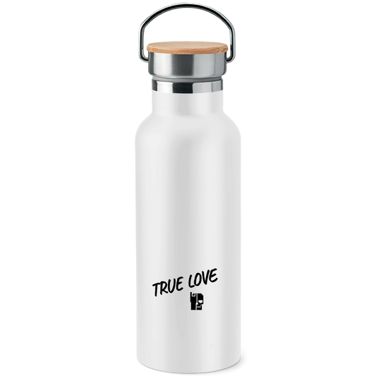 BnU True Love Edelstahl-Trinkflasche, weiß, mit Bambusdeckel und „TRUE LOVE“-Aufdruck