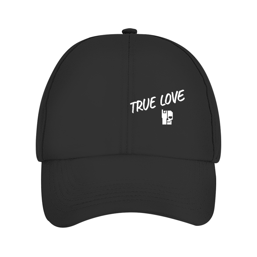 Black solid dad cap with white "TRUE LOVE" embroidery and logo