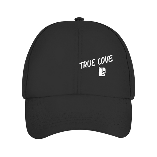 Black solid dad cap with white "TRUE LOVE" embroidery and logo