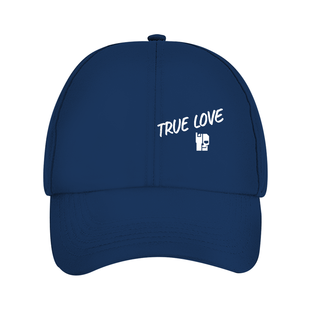 Oxford Navy solid dad cap with white "TRUE LOVE" embroidery and logo