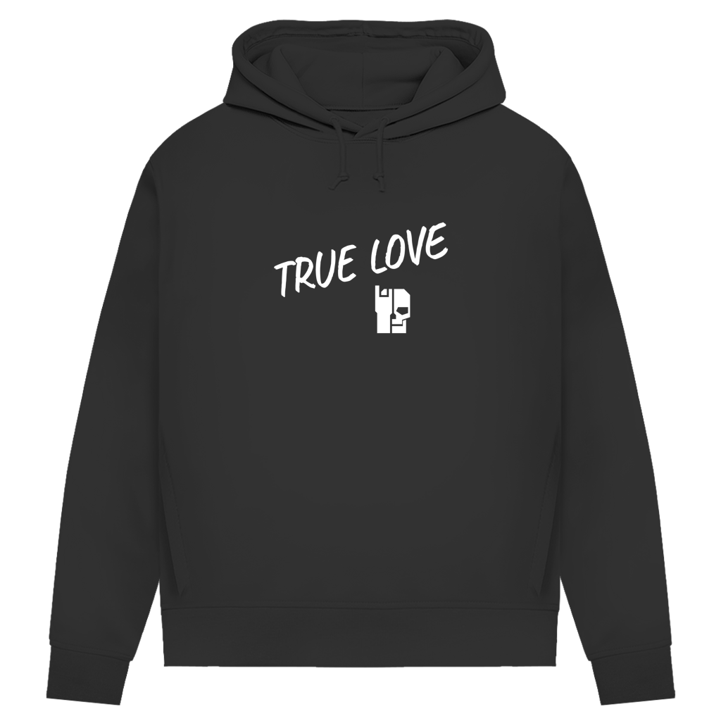 Damen Hoodie in Schwarz mit Kapuze, Kordelzug und Print „TRUE LOVE“ auf der Brust