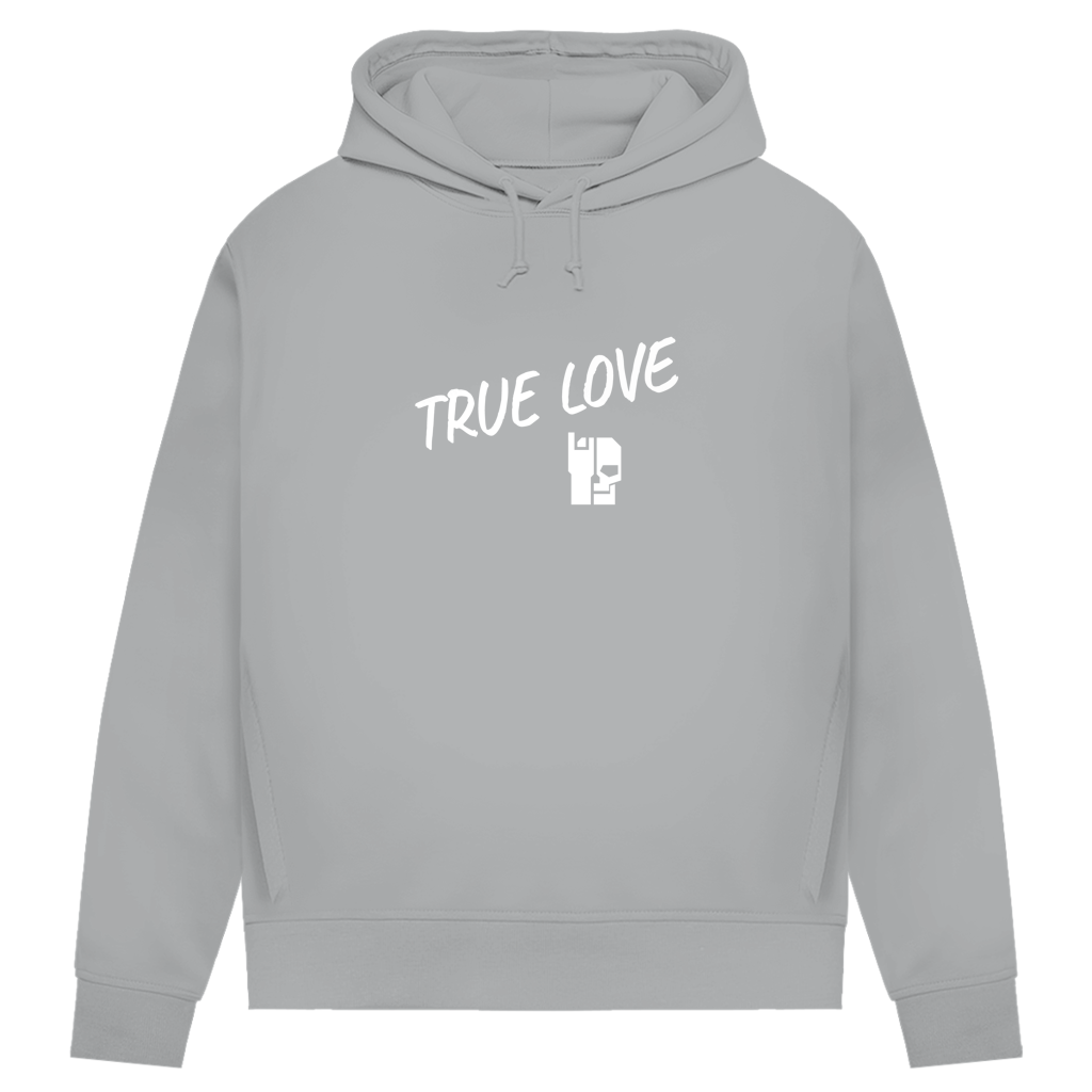Damen Hoodie in Hellgrau mit Kapuze, Kordelzug und „TRUE LOVE“-Print auf der Brust
