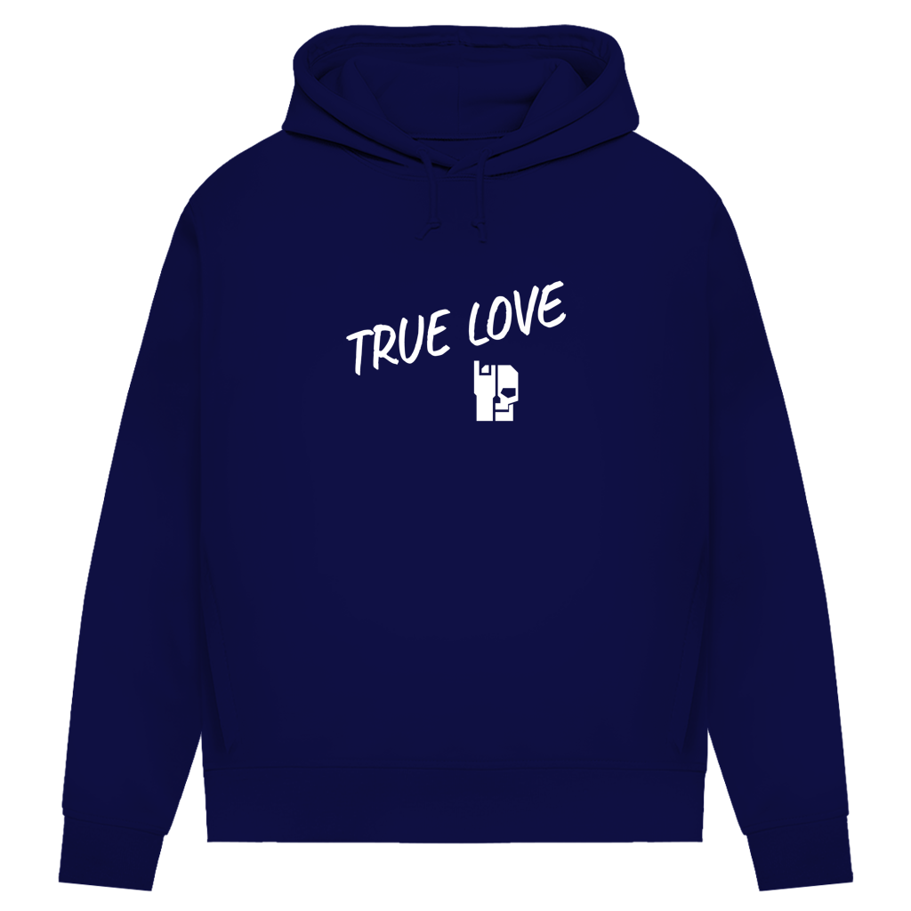Damen Hoodie in Navy mit Kapuze, Kordelzug und Print „TRUE LOVE“ auf der Brust