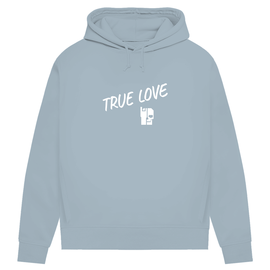 Damen Hoodie in Hellblau/Grau mit Kapuze, Kordelzug und „TRUE LOVE“-Print auf der Brust