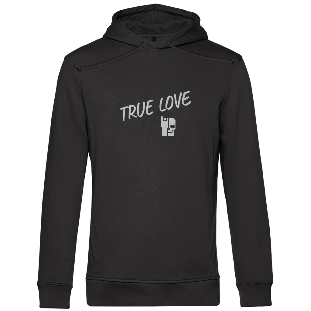 Herren Hoodie schwarz, Rückansicht mit Kapuzendruck „TRUE LOVE“
