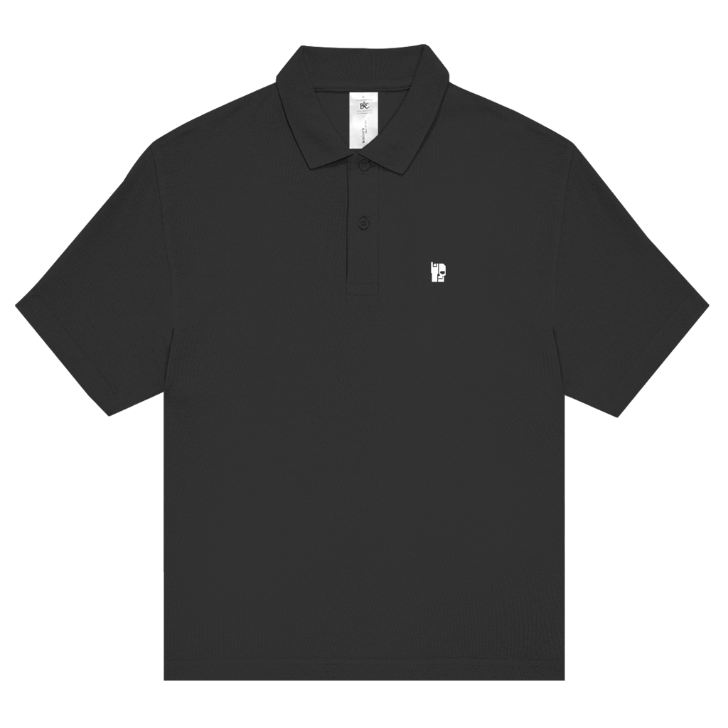 Black unisex polo shirt with button placket and short sleeves, small chest logo