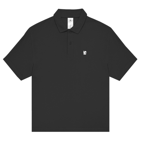 Black unisex polo shirt with button placket and short sleeves, small chest logo