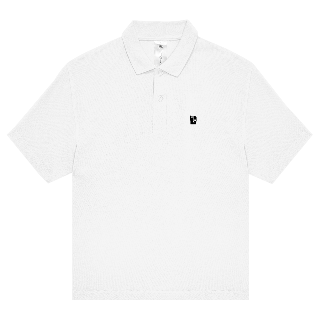 White unisex polo shirt with button placket, short sleeves, small chest logo