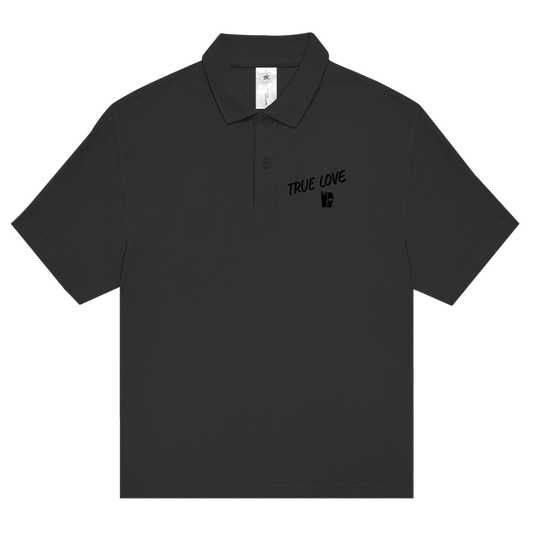 Black polo shirt with True Love chest logo, button placket and short sleeves