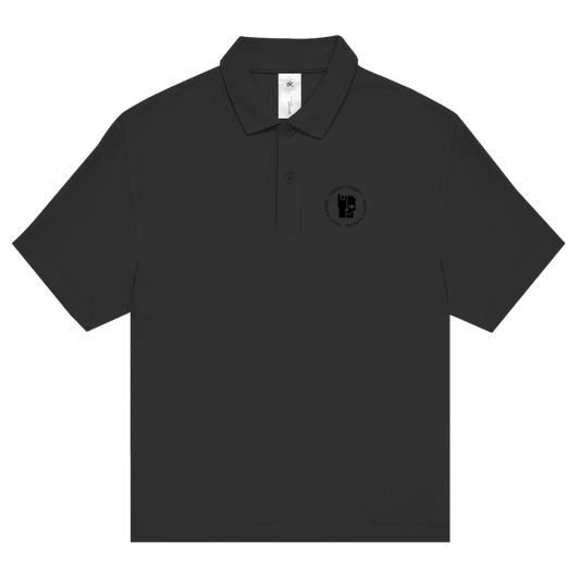 Black on black polo shirt with chest logo print