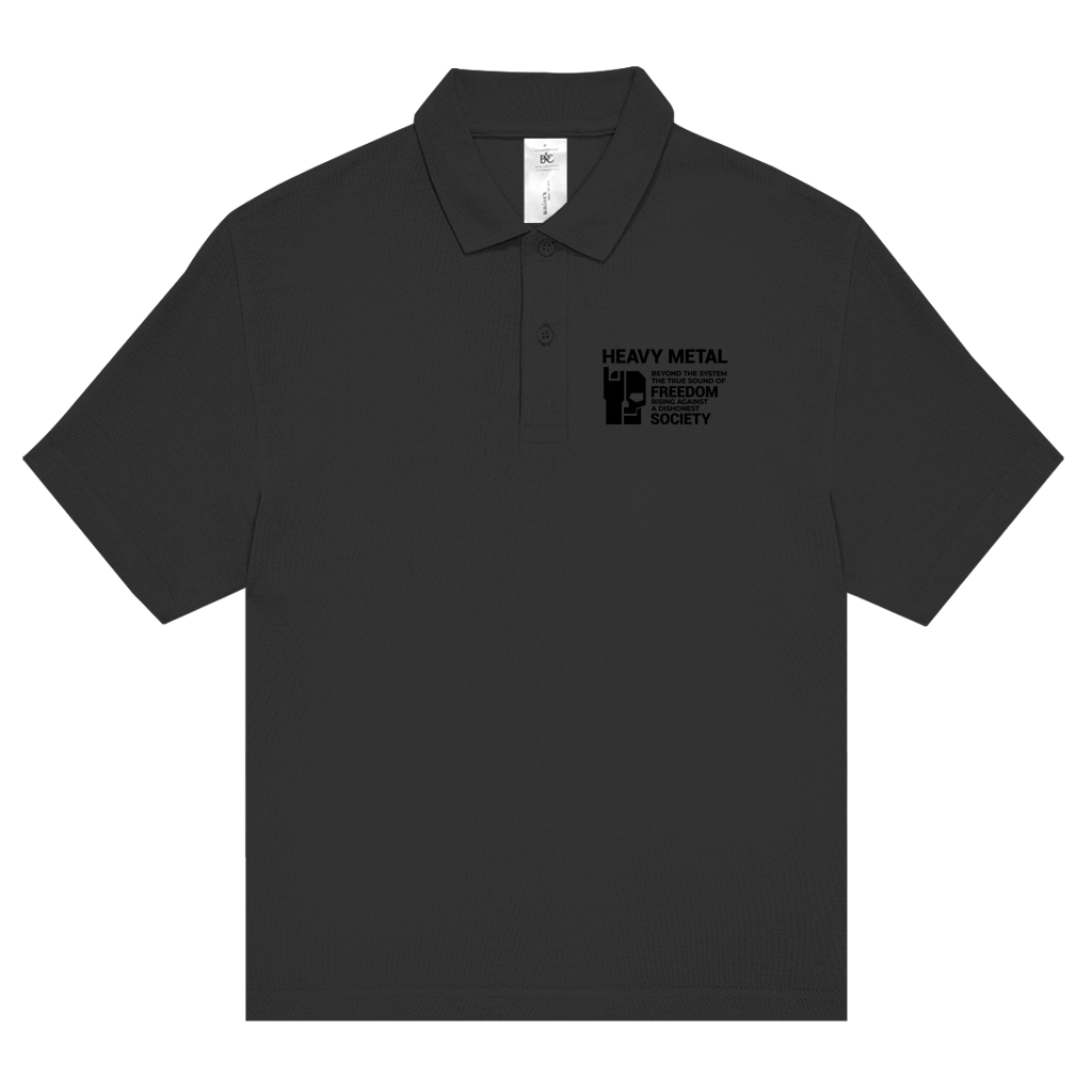 Unisex Poloshirt schwarz mit schwarzem Brustdruck und Knopfleiste