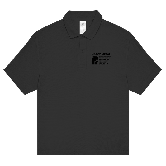 Unisex Poloshirt schwarz mit schwarzem Brustdruck und Knopfleiste