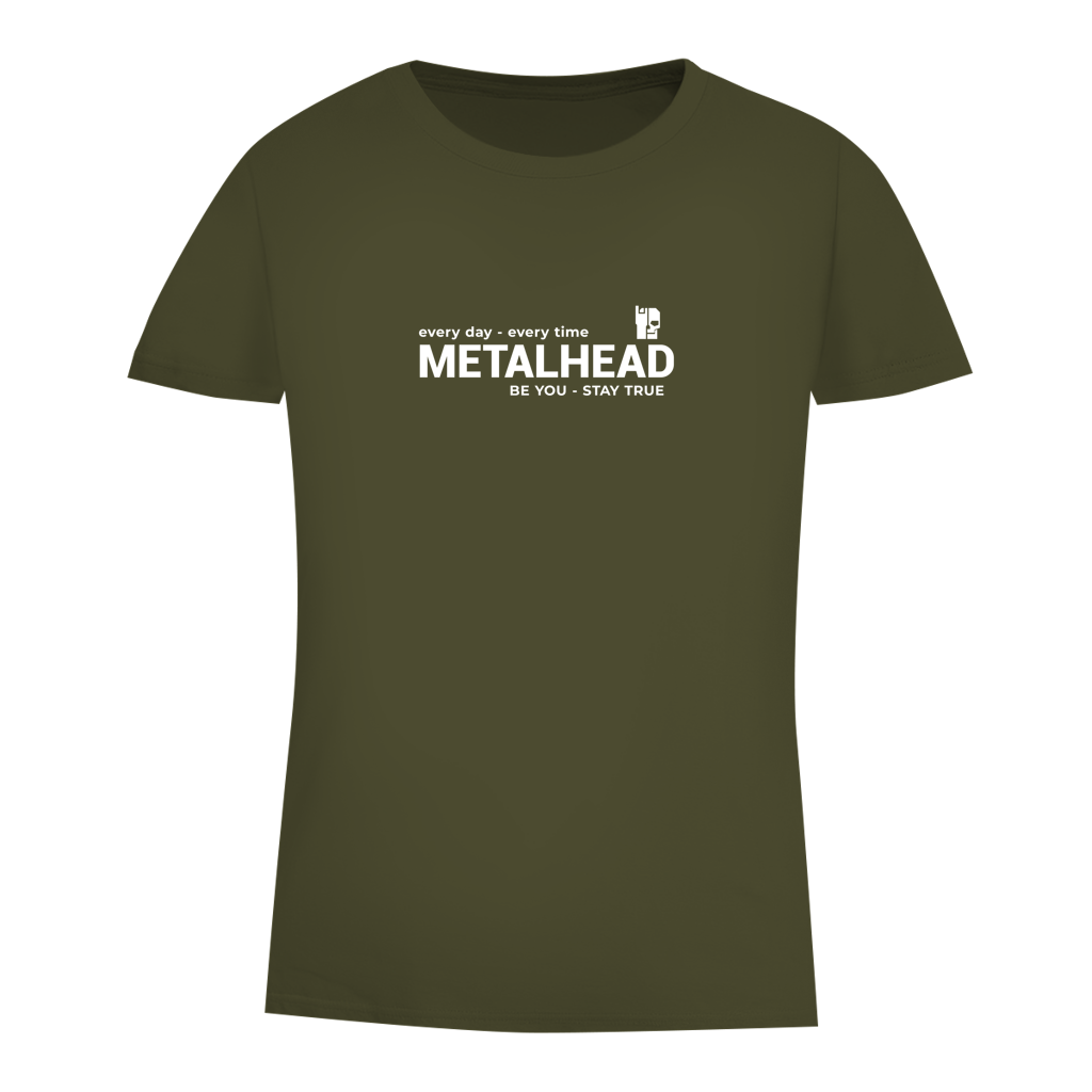 Damen-T-Shirt (Bio) khaki/olivgrün mit METALHEAD-Schriftprint vorn