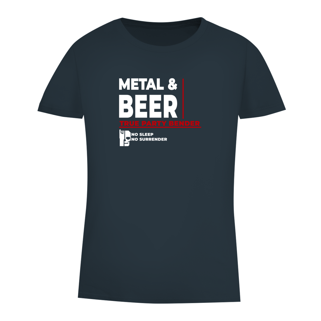 Damen-T-Shirt dunkelblau mit Frontprint „METAL & BEER“